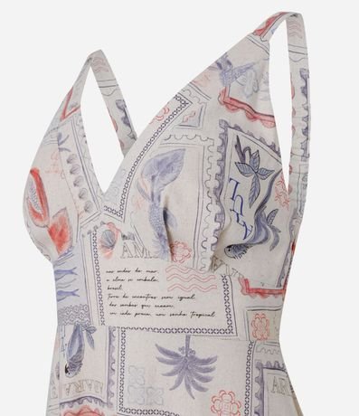 Vestido Evasê Midi en Lino y Viscosa con Estampa Tarjeta Postal 2