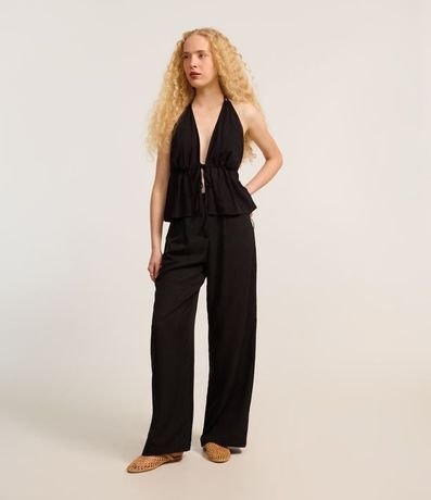 Pantalón Wide Leg en Sastrería con Cierre Deslocado
