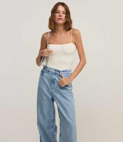 Pantalón Wide Leg en Jeans con Rayas de Brillos 2