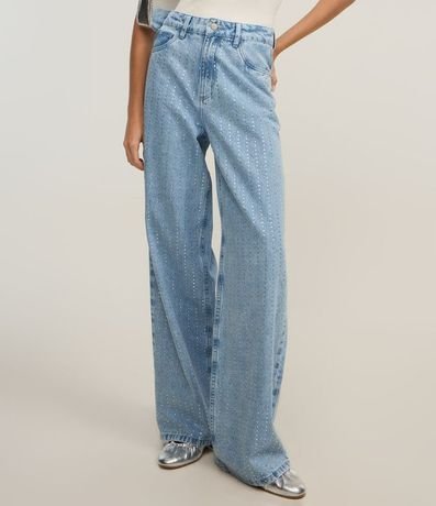 Pantalón Wide Leg en Jeans con Rayas de Brillos 3