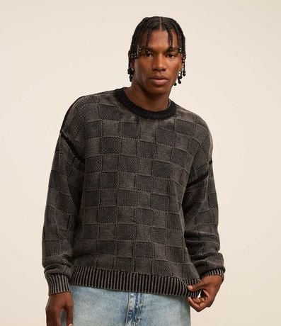 Suéter Boxy en Algodón Desteñido en Textura Jacquard y de Cuadros