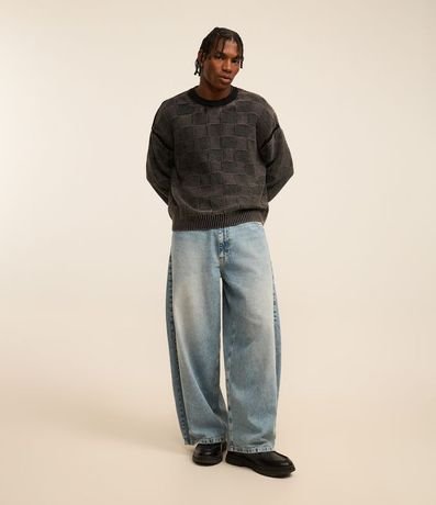 Suéter Boxy en Algodón Desteñido en Textura Jacquard y de Cuadros 2
