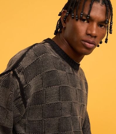 Suéter Boxy en Algodón Desteñido en Textura Jacquard y de Cuadros 3