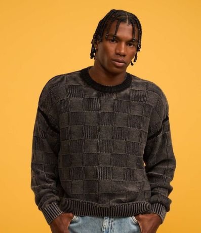 Suéter Boxy en Algodón Desteñido en Textura Jacquard y de Cuadros 4