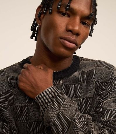 Suéter Boxy en Algodón Desteñido en Textura Jacquard y de Cuadros 5