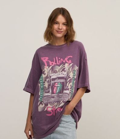 Remera Oversized en Algodón Desteñido con Estampa Rolling Stones