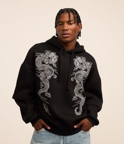 Buzo Boxy en Fleece con Estampa de Dragones y Manga Sobreposta