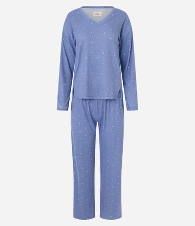 Pijama Largo en Rib con Estampa de Lunares 4