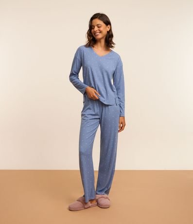 Pijama Largo en Rib con Estampa de Lunares