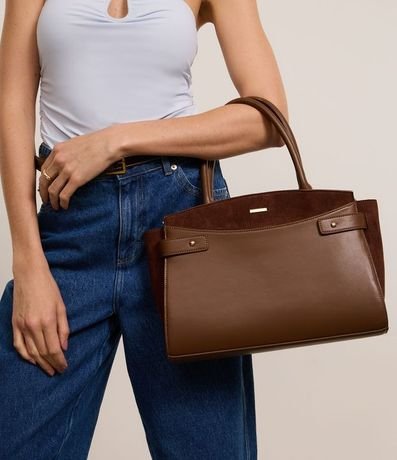 Cartera Satchel en PU con Detalles en Gamuza y Asas Medianas