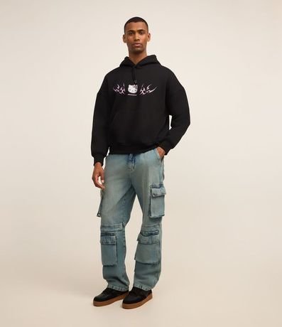 Pantalón Baggy en Jeans con Recortes y Bolsillo Cargo