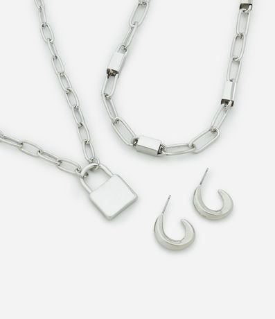 Conjunto de Collar y Caravana en Metal con Colgante Candado y Medio Aro