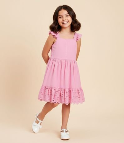 Vestido Infantil con Broderie y Fruncido - Talle 5 a 14 años