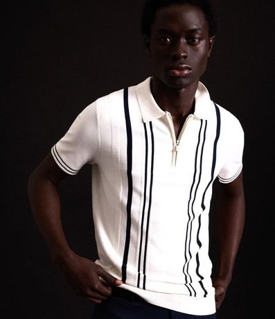 Camisa Polo Slim en Punto con Estampa Rayada y Cremallera en el Cuello