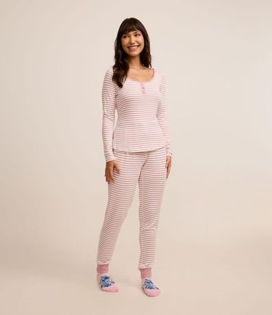 Pijama Largo en Punto con Botones y Estampa Rayada
