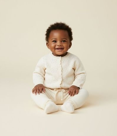 Cardigan Infantil con Efecto Punto de Flores Punto Abierto - Talle RN a 18 Meses