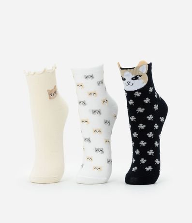 Kit 03 Medias Cano Mediano en Algodón con Bordado Gatito