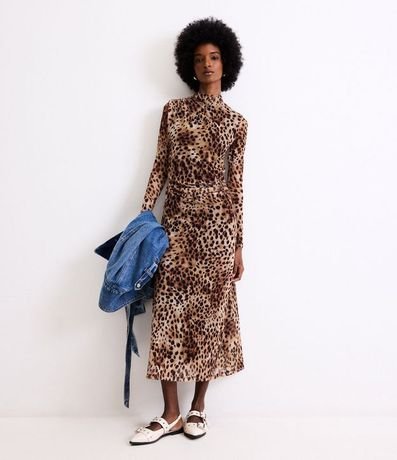 Vestido Evasê Midi en Tule con Estampa Leopardo