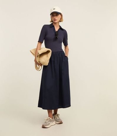 Vestido Godê Midi en Rib y Tricolne con Cuello Polo