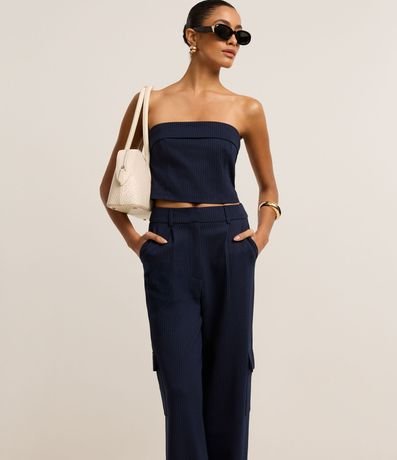 Pantalón Recto Cintura Baja en Punto Roma con Rayas de Hilo Teñido 3