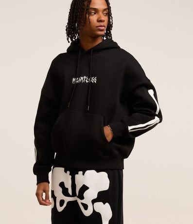 Saco Boxy en Fleece con Felpa con Estampa Lettering y Patch de Esqueleto