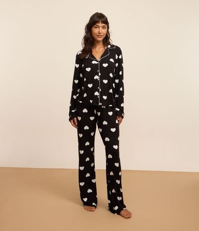 Pijama Americano Largo en Viscosa con Estampa Corazones