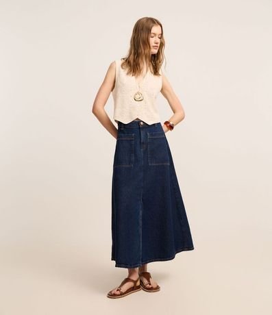 Pollera Evasê Midi en Jeans con Renda y Bolsillos Delanteros 1