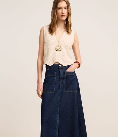 Pollera Evasê Midi en Jeans con Renda y Bolsillos Delanteros 2