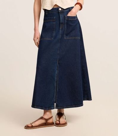 Pollera Evasê Midi en Jeans con Renda y Bolsillos Delanteros 3