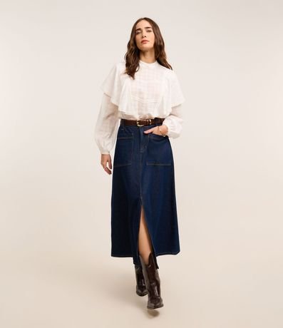Pollera Evasê Midi en Jeans con Renda y Bolsillos Delanteros