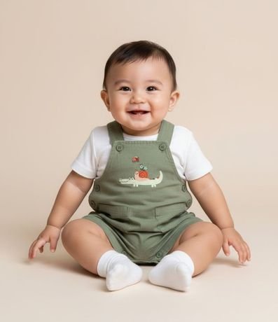 Peto Infantil en Sarga con Estampa Bordada Cocodrilo - Talle 3 a 18 Meses