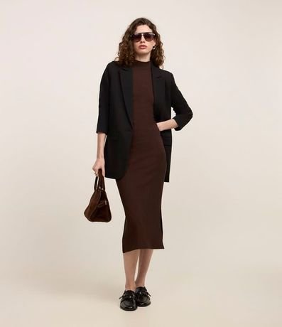 Vestido Midi Canelado en Rib con Cuello Alto