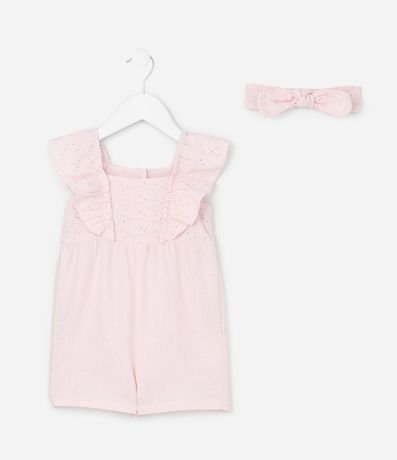 Enterito en Tricolina con Volado Broderie y Cinta para el Pelo - Talle 0 a 18 Meses 2