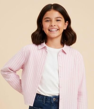 Camisa Corta Infantil en Tricolina con Rayas a Hilo Teñido - Talle 5 a 14 años