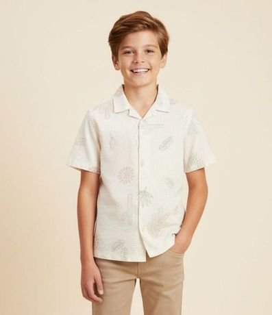 Camisa Infantil Texturizada con Estampa Folhas y Cactos - 1 a 5 años