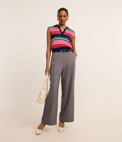 Pantalón Recto Sastre Cintura Alta con Cinturón Fino de PU