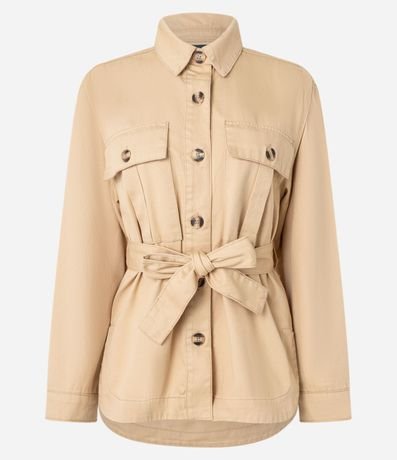 Campera Trench Coat en Sarga con Bolsillos y Lazo en la Cintura 5