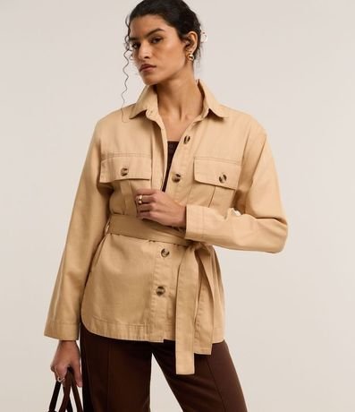 Campera Trench Coat en Sarga con Bolsillos y Lazo en la Cintura 1
