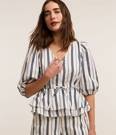 Blusa en Sarga con Manga Abullonada con Lazo en la Cintura