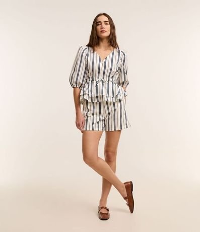 Blusa en Sarga con Manga Abullonada con Lazo en la Cintura 2