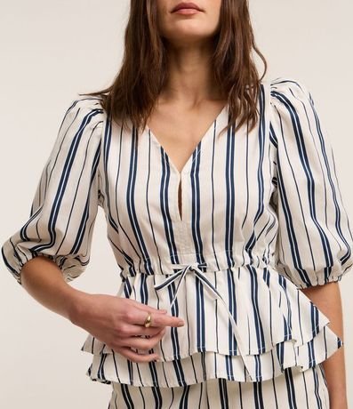 Blusa en Sarga con Manga Abullonada con Lazo en la Cintura 3