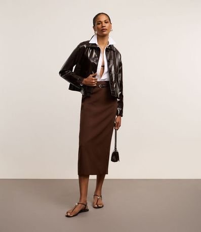 Pollera Midi Sastrería con Cinturón de Hebilla Redonda y Encaje en la Espalda 3