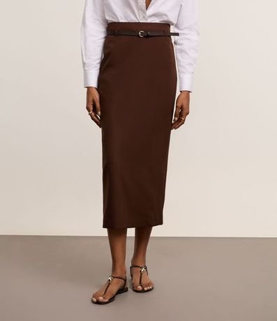 Pollera Midi Sastrería con Cinturón de Hebilla Redonda y Encaje en la Espalda 5