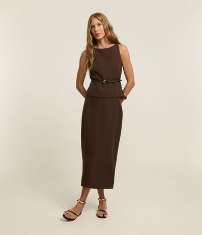 Pollera Midi Sastrería con Cinturón de Hebilla Redonda y Encaje en la Espalda