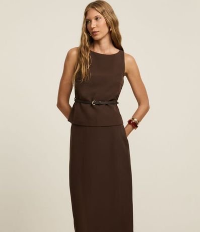 Pollera Midi Sastrería con Cinturón de Hebilla Redonda y Encaje en la Espalda 2