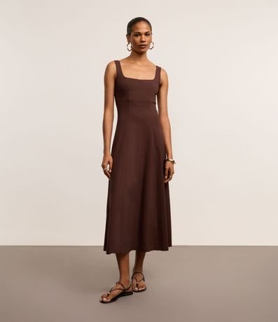 Vestido Evasê Midi en Viscosa con Escote Cuadrado y Recortes 2