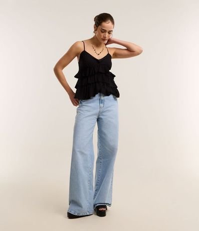 Pantalón Wide Leg en Jeans Marmorizada con Cintura Alta