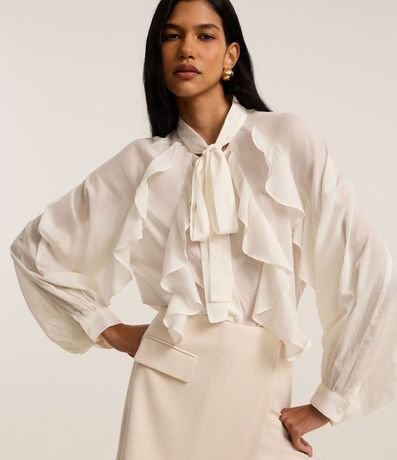 Camisa en Voile con Cuello Lazo y Volados Jabô 3
