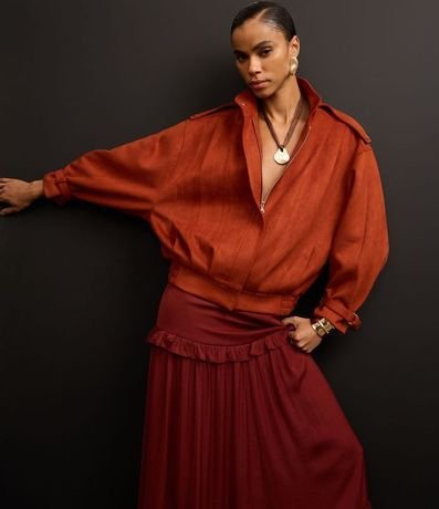 Pollera Evasê Midi Satinada con Volado y Bajo Fruncida 7