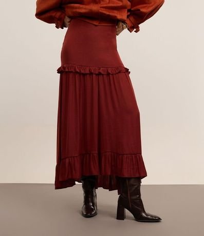 Pollera Evasê Midi Satinada con Volado y Bajo Fruncida 2